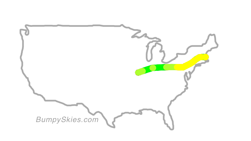 Map of continental US with illustrated flight path and turbulence forecast (described in text below)