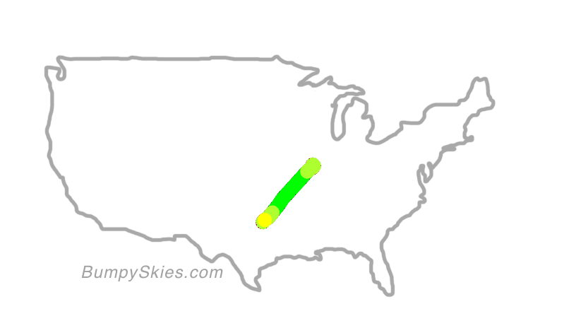 Map of continental US with illustrated flight path and turbulence forecast (described in text below)