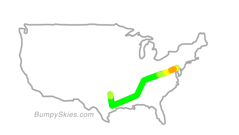 Map of continental US with illustrated flight path and turbulence forecast (described in text below)