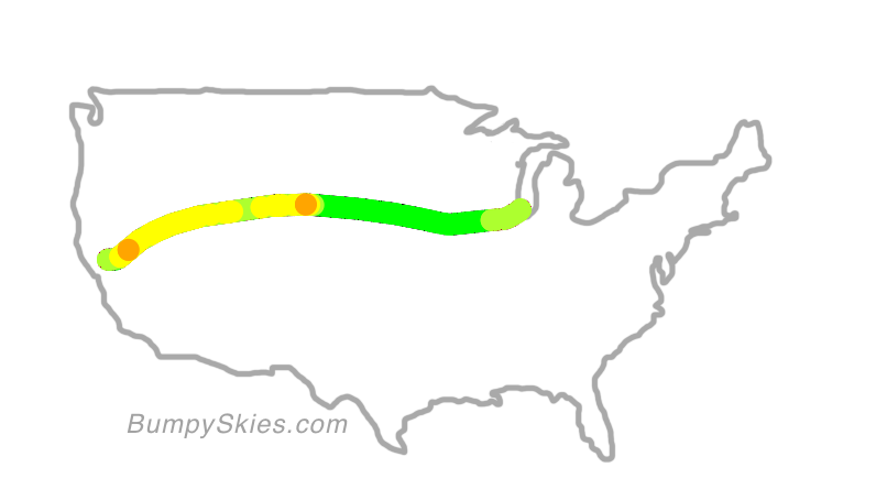 Map of continental US with illustrated flight path and turbulence forecast (described in text below)