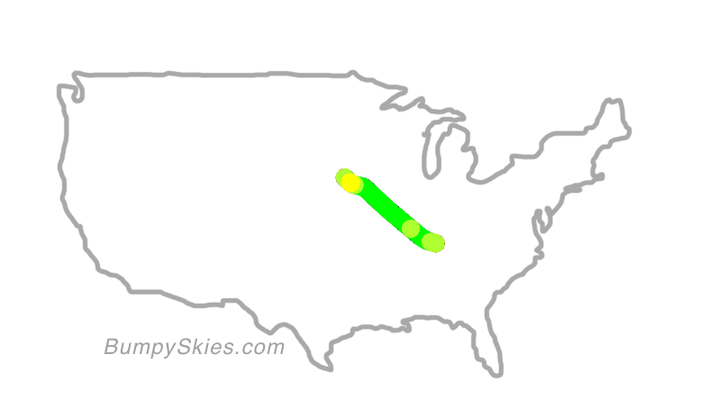 Map of continental US with illustrated flight path and turbulence forecast (described in text below)