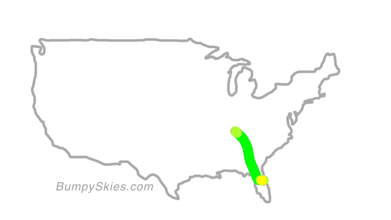 Map of continental US with illustrated flight path and turbulence forecast (described in text below)