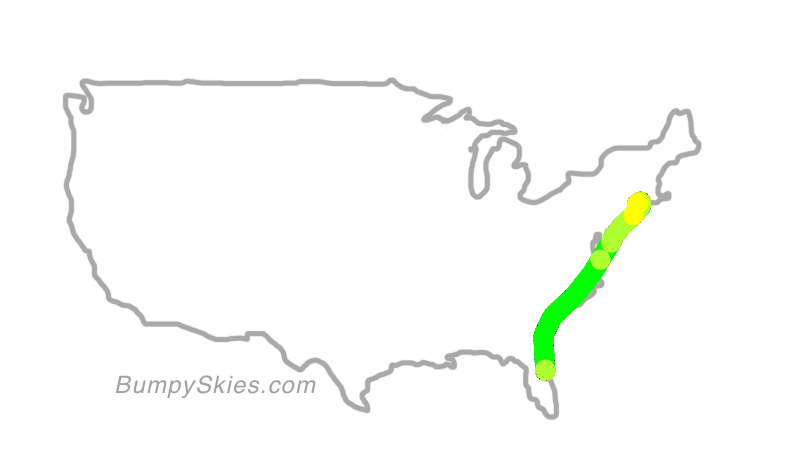 Map of continental US with illustrated flight path and turbulence forecast (described in text below)