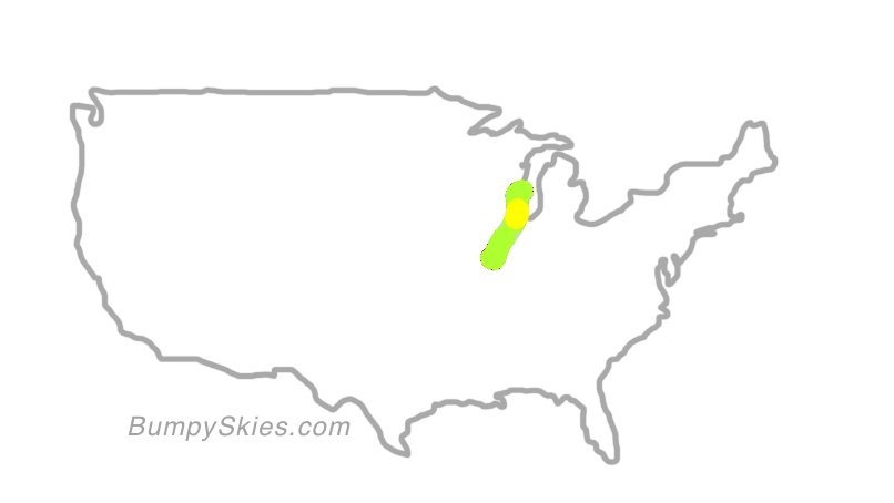 Map of continental US with illustrated flight path and turbulence forecast (described in text below)