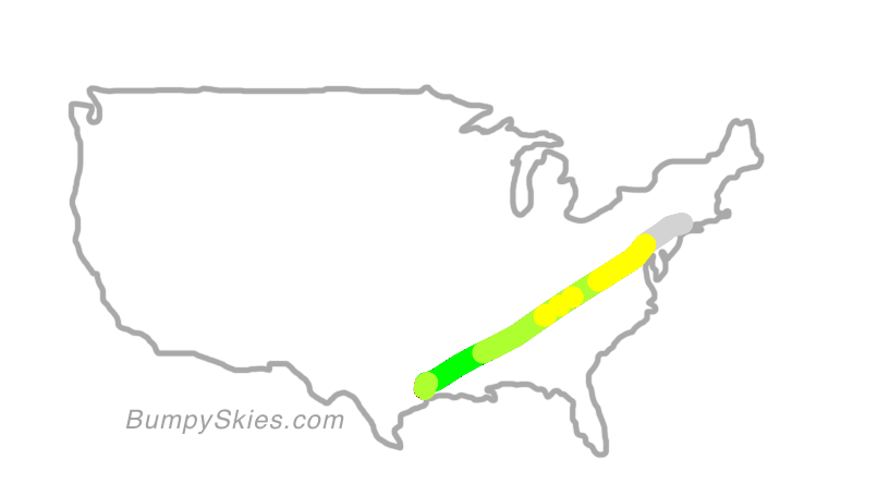 Map of continental US with illustrated flight path and turbulence forecast (described in text below)