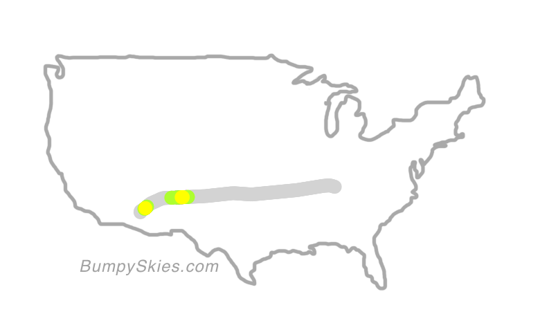 Map of continental US with illustrated flight path and turbulence forecast (described in text below)