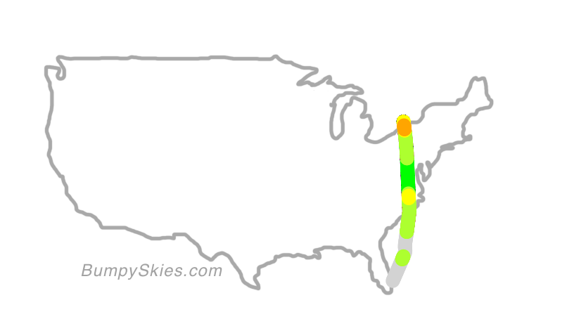 Map of continental US with illustrated flight path and turbulence forecast (described in text below)