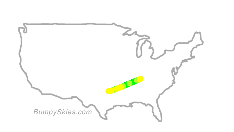 Map of continental US with illustrated flight path and turbulence forecast (described in text below)