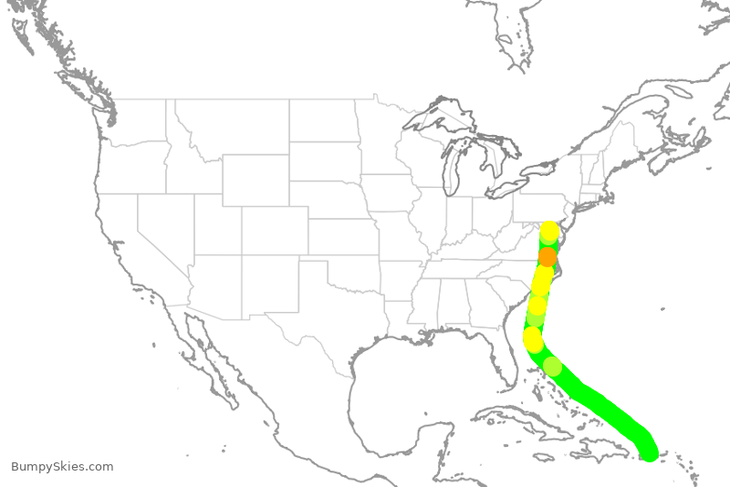 Turbulence forecast map for SWA1104, BWI to SJU