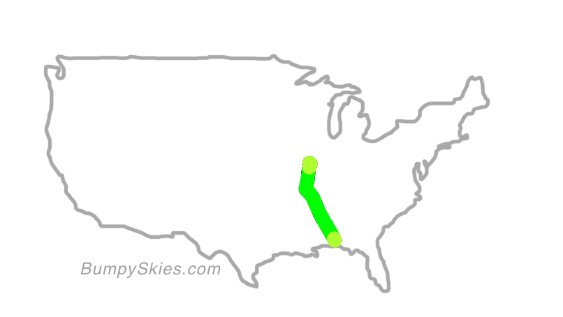 Map of continental US with illustrated flight path and turbulence forecast (described in text below)