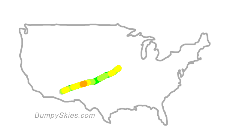 Map of continental US with illustrated flight path and turbulence forecast (described in text below)