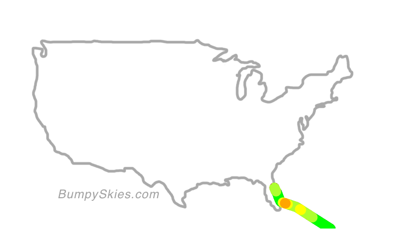 Map of continental US with illustrated flight path and turbulence forecast (described in text below)