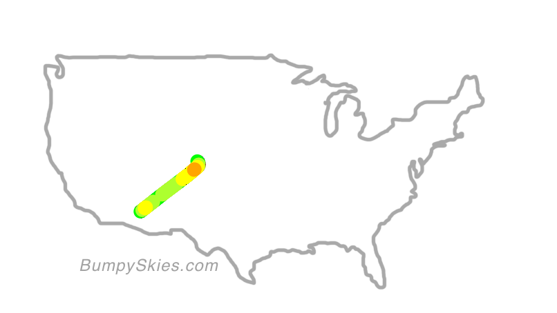 Map of continental US with illustrated flight path and turbulence forecast (described in text below)