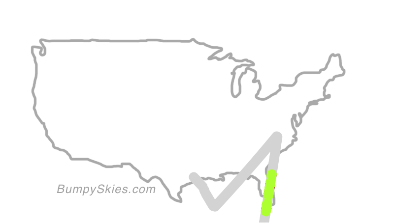 Map of continental US with illustrated flight path and turbulence forecast (described in text below)
