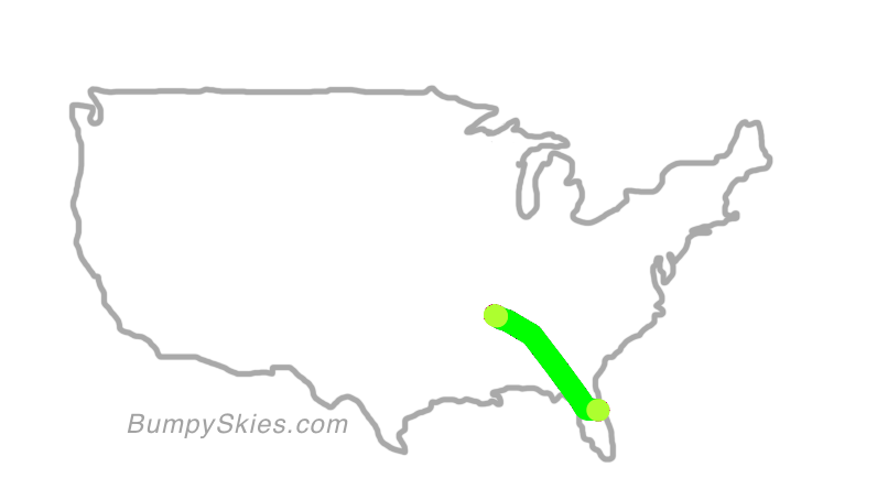 Map of continental US with illustrated flight path and turbulence forecast (described in text below)