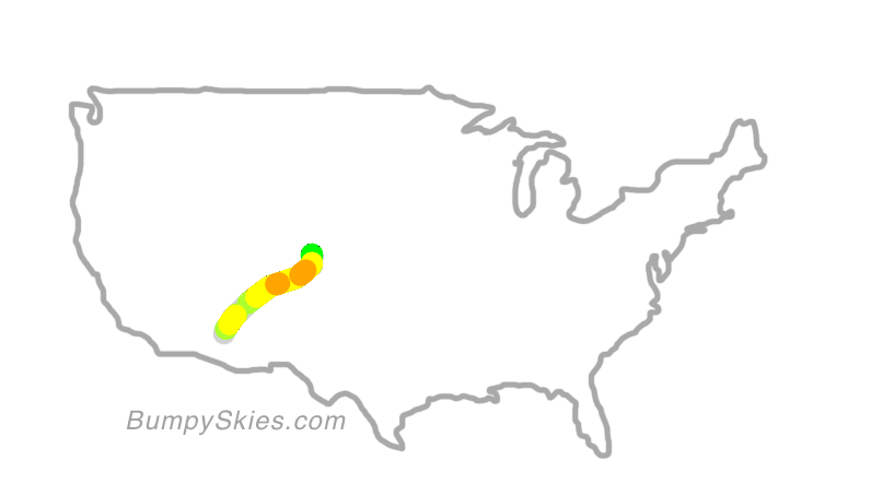 Map of continental US with illustrated flight path and turbulence forecast (described in text below)