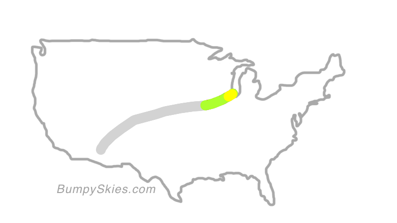 Map of continental US with illustrated flight path and turbulence forecast (described in text below)