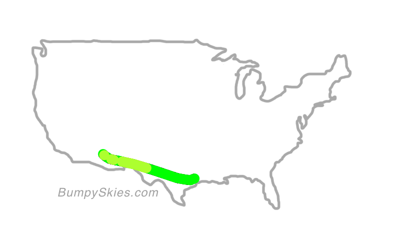 Map of continental US with illustrated flight path and turbulence forecast (described in text below)