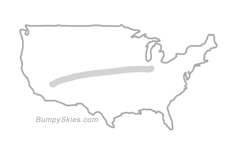Map of continental US with illustrated flight path and turbulence forecast (described in text below)