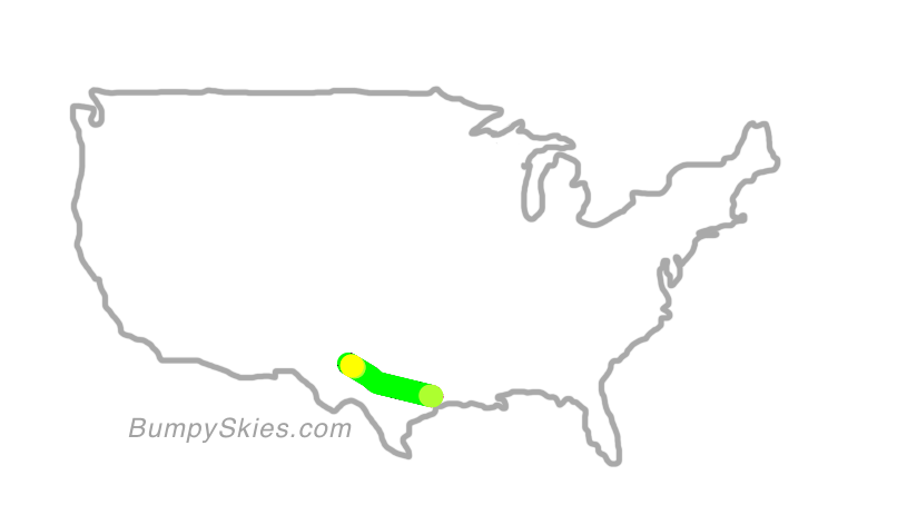 Map of continental US with illustrated flight path and turbulence forecast (described in text below)
