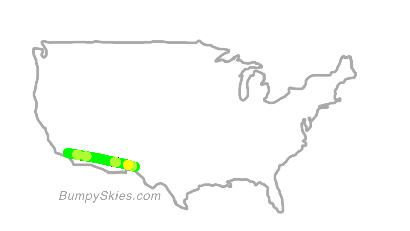 Map of continental US with illustrated flight path and turbulence forecast (described in text below)