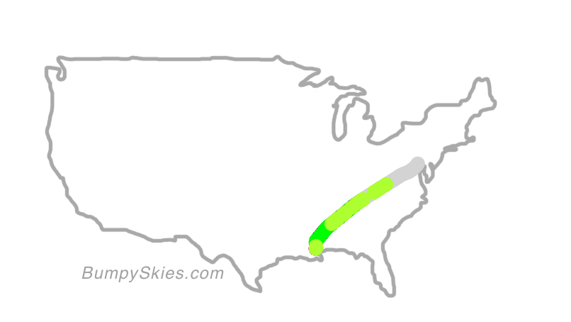 Map of continental US with illustrated flight path and turbulence forecast (described in text below)