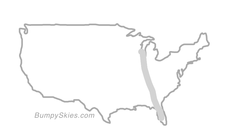 Map of continental US with illustrated flight path and turbulence forecast (described in text below)