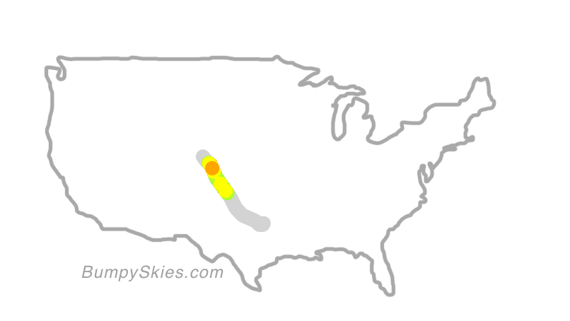 Map of continental US with illustrated flight path and turbulence forecast (described in text below)