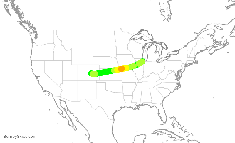 Turbulence forecast map for SWA1228, COS to MDW