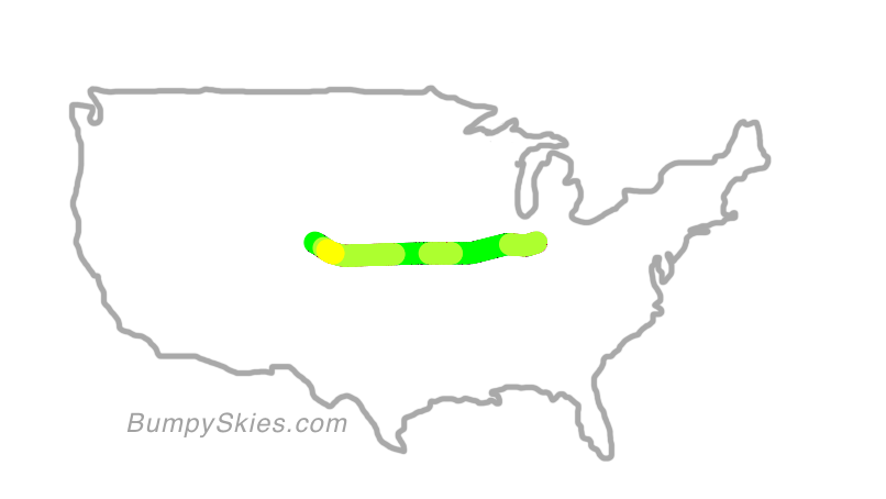 Map of continental US with illustrated flight path and turbulence forecast (described in text below)