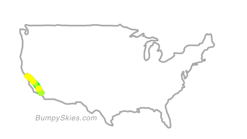Map of continental US with illustrated flight path and turbulence forecast (described in text below)