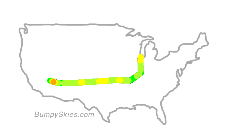 Map of continental US with illustrated flight path and turbulence forecast (described in text below)