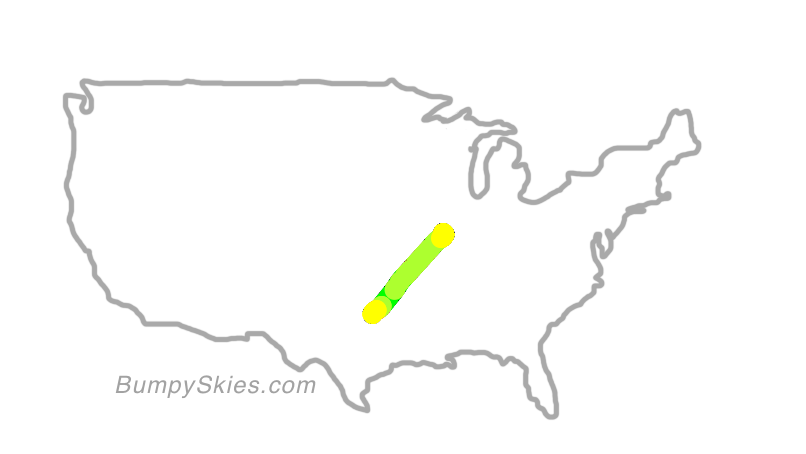 Map of continental US with illustrated flight path and turbulence forecast (described in text below)