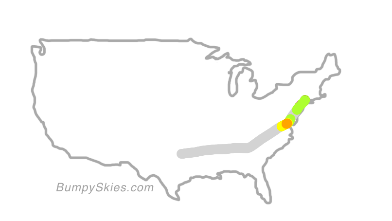Map of continental US with illustrated flight path and turbulence forecast (described in text below)