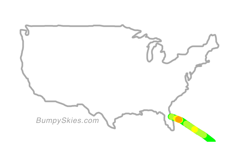 Map of continental US with illustrated flight path and turbulence forecast (described in text below)