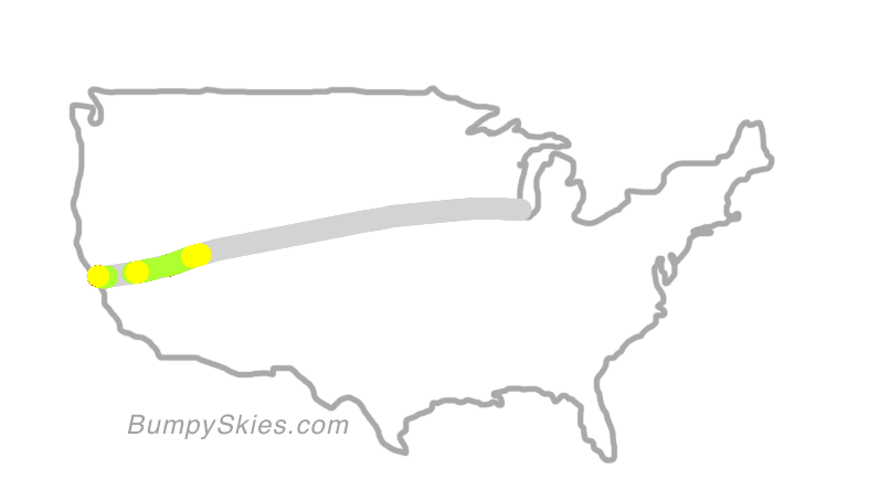 Map of continental US with illustrated flight path and turbulence forecast (described in text below)