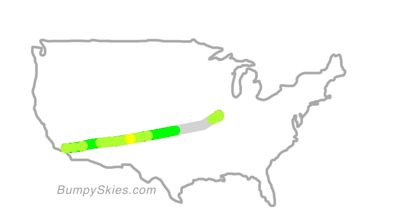 Map of continental US with illustrated flight path and turbulence forecast (described in text below)