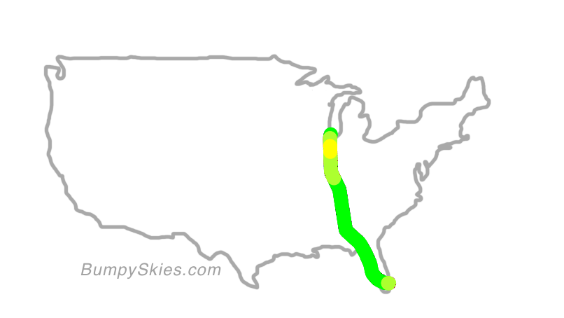 Map of continental US with illustrated flight path and turbulence forecast (described in text below)