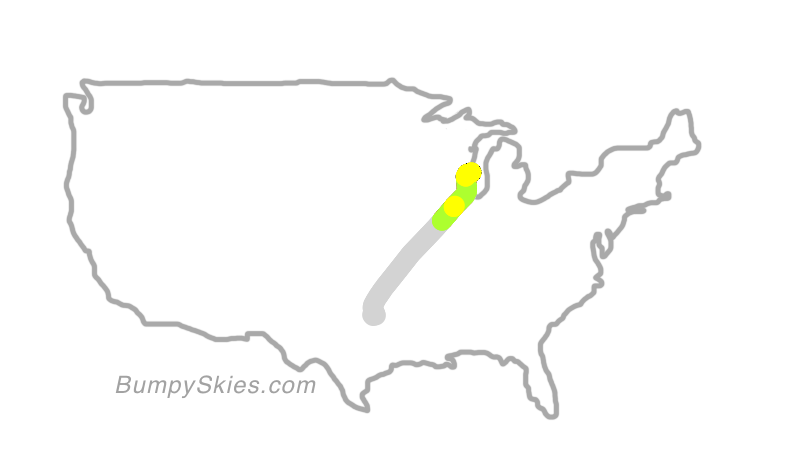 Map of continental US with illustrated flight path and turbulence forecast (described in text below)