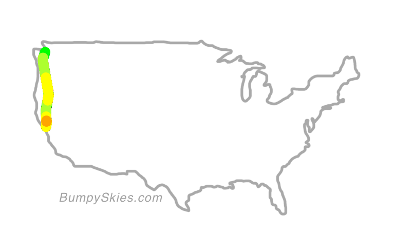 Map of continental US with illustrated flight path and turbulence forecast (described in text below)
