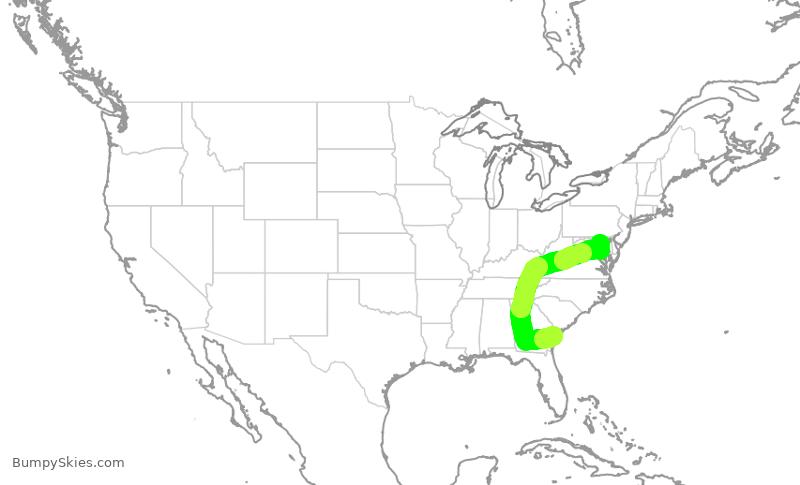 Turbulence forecast map for SWA1290, SAV to BWI
