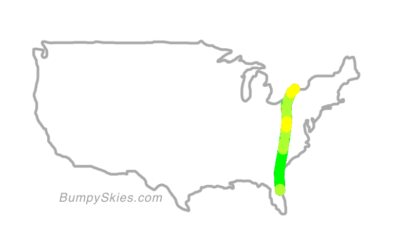 Map of continental US with illustrated flight path and turbulence forecast (described in text below)