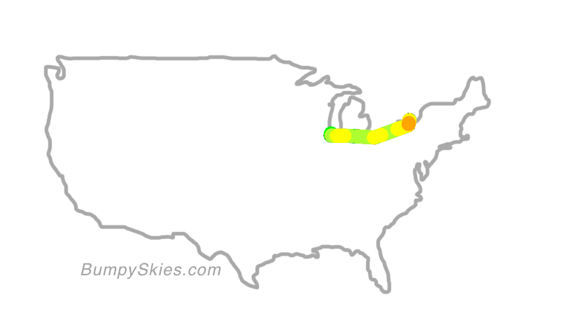 Map of continental US with illustrated flight path and turbulence forecast (described in text below)