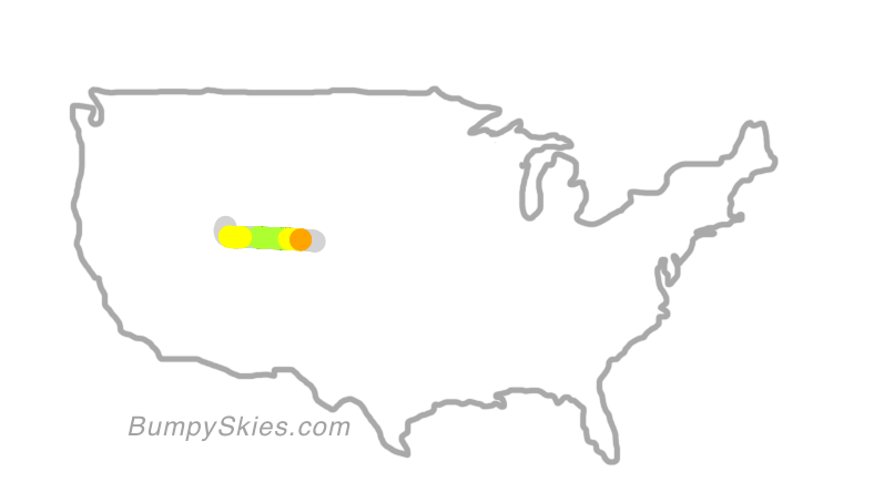 Map of continental US with illustrated flight path and turbulence forecast (described in text below)