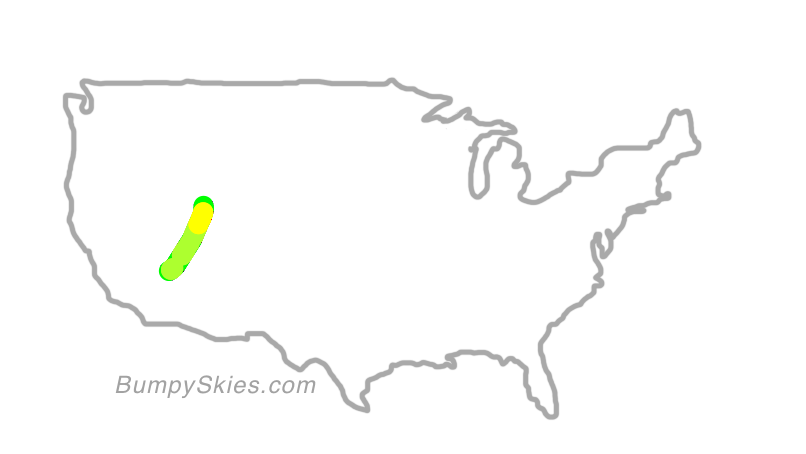 Map of continental US with illustrated flight path and turbulence forecast (described in text below)