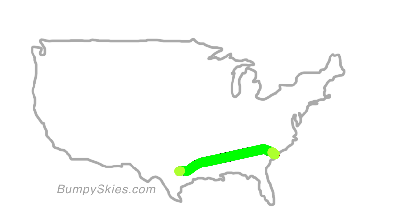 Map of continental US with illustrated flight path and turbulence forecast (described in text below)