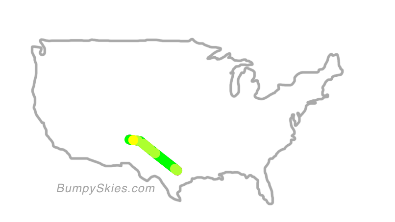 Map of continental US with illustrated flight path and turbulence forecast (described in text below)