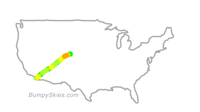 Map of continental US with illustrated flight path and turbulence forecast (described in text below)