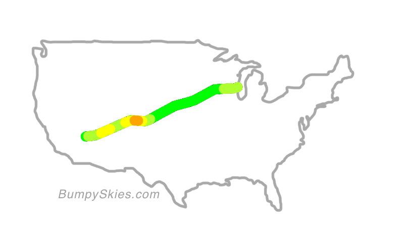 Map of continental US with illustrated flight path and turbulence forecast (described in text below)