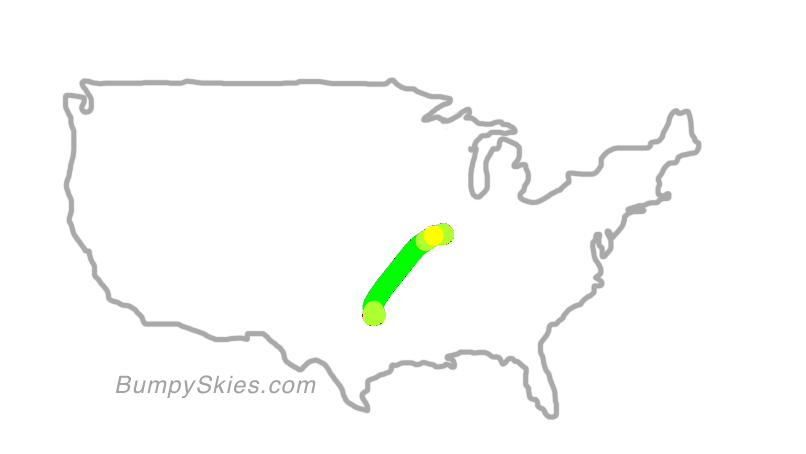 Map of continental US with illustrated flight path and turbulence forecast (described in text below)